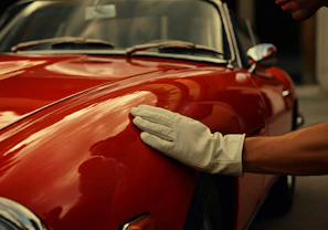 A man waxing the hood of a red car