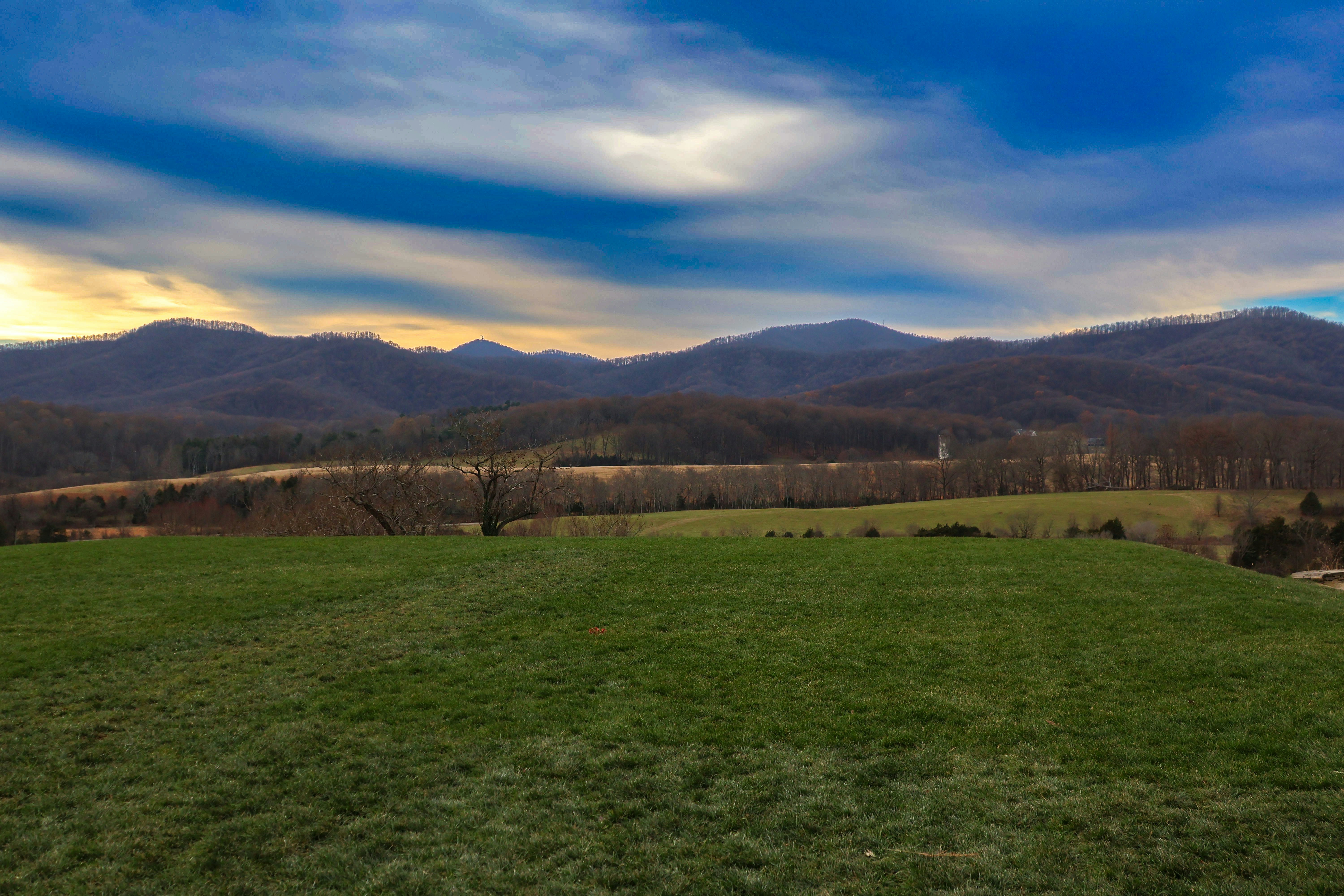 A grassy field with mountains in the background
