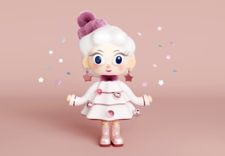 A little girl wearing a white dress and a pink hat