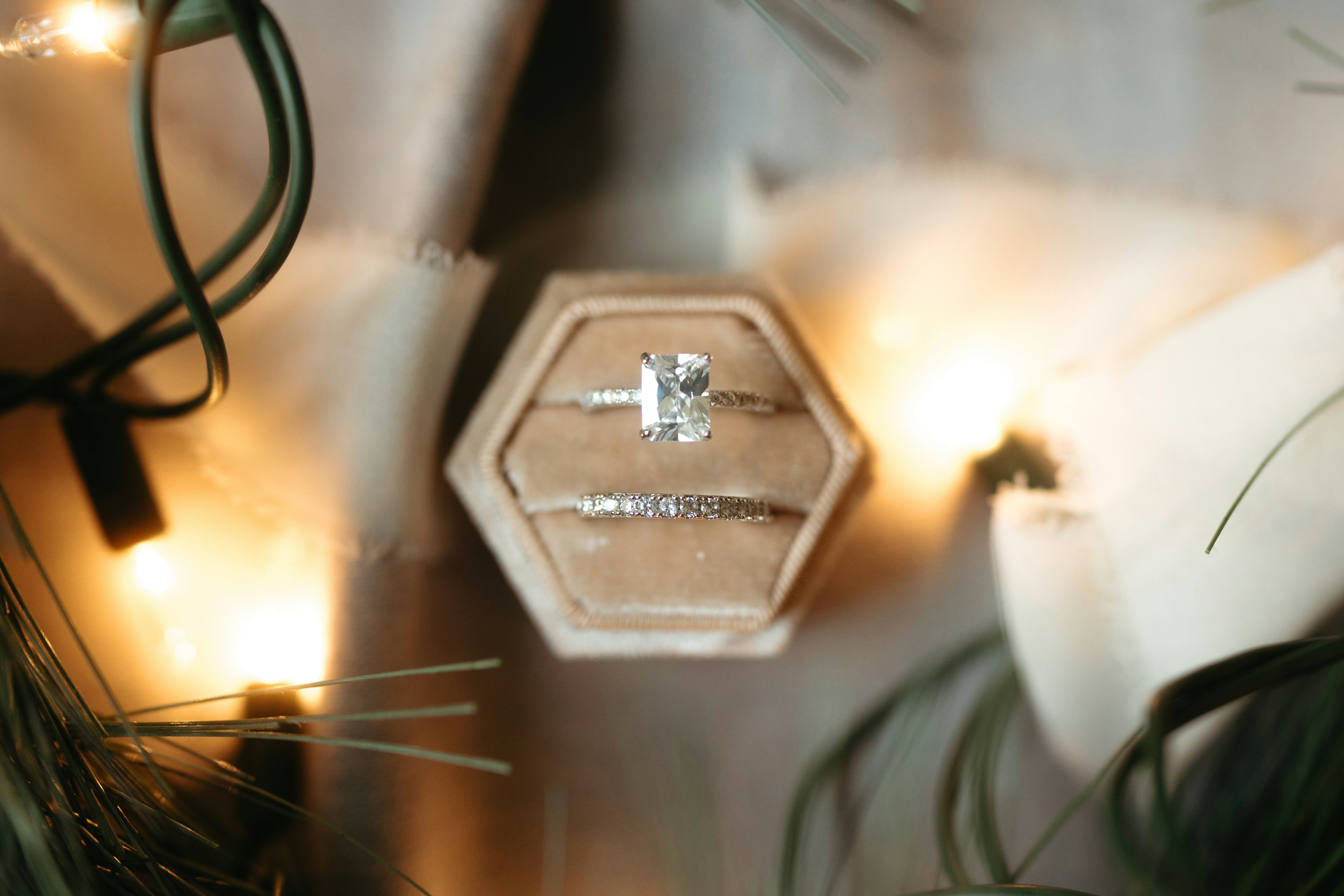 A couple of rings sitting on top of a christmas tree