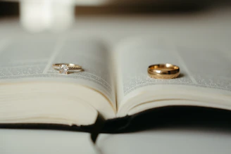 A close up of two wedding rings on an open book