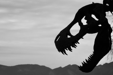 A dinosaur skeleton hanging from a tree branch