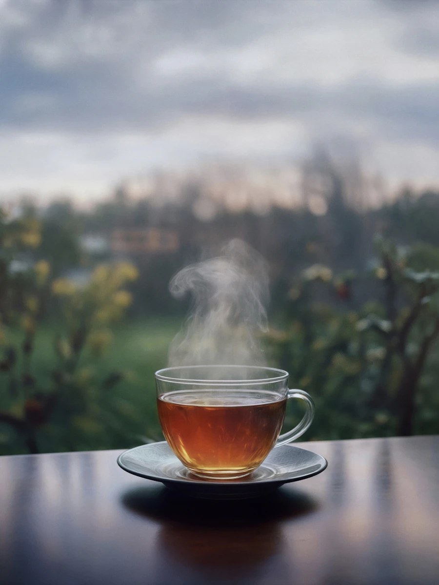 A glass cup of steaming tea