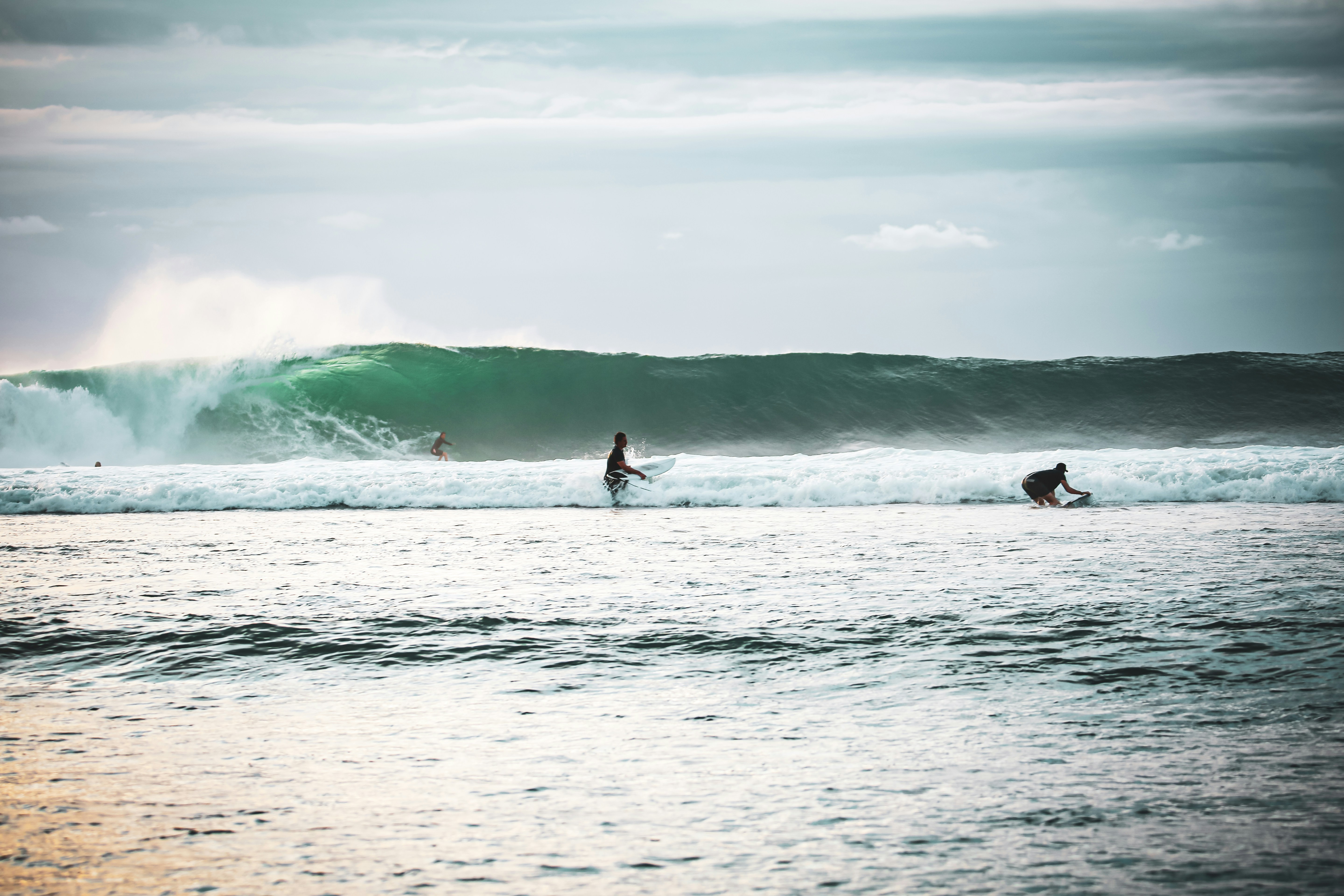 A group of people riding surfboards on top of a wave