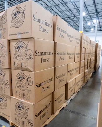 A large stack of boxes in a warehouse