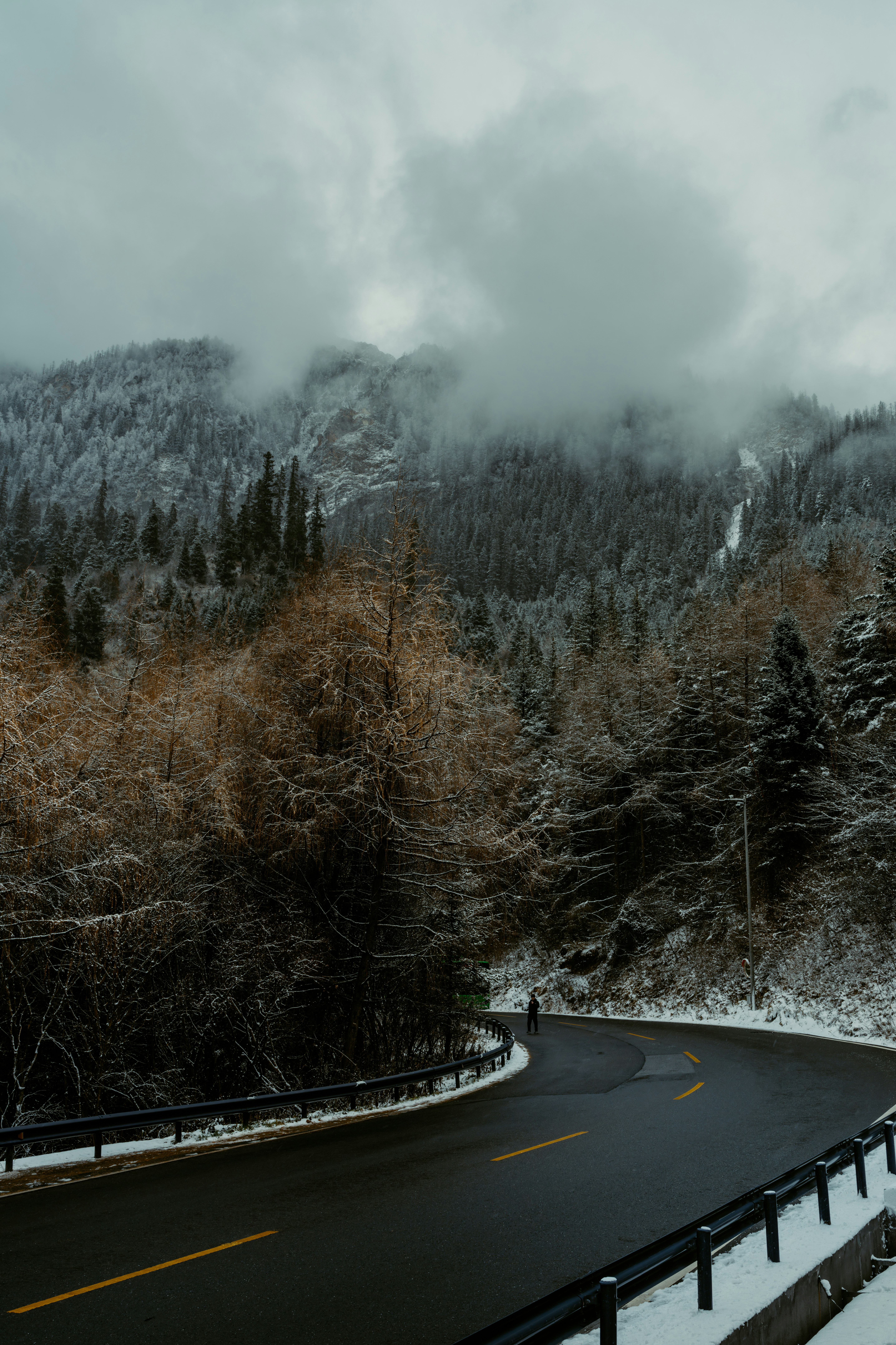 雪に覆われた山々の曲がりくねった道