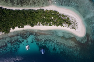 An aerial view of two boats in the water near an island
