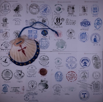 A picture of a bunch of stamps on a wall