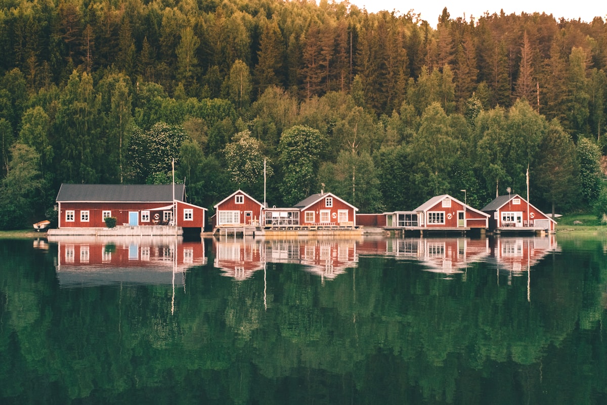 Traditional red Swedish cottage beside a clear lake surrounded by birch trees