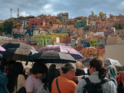 A group of people standing under umbrellas in the rain