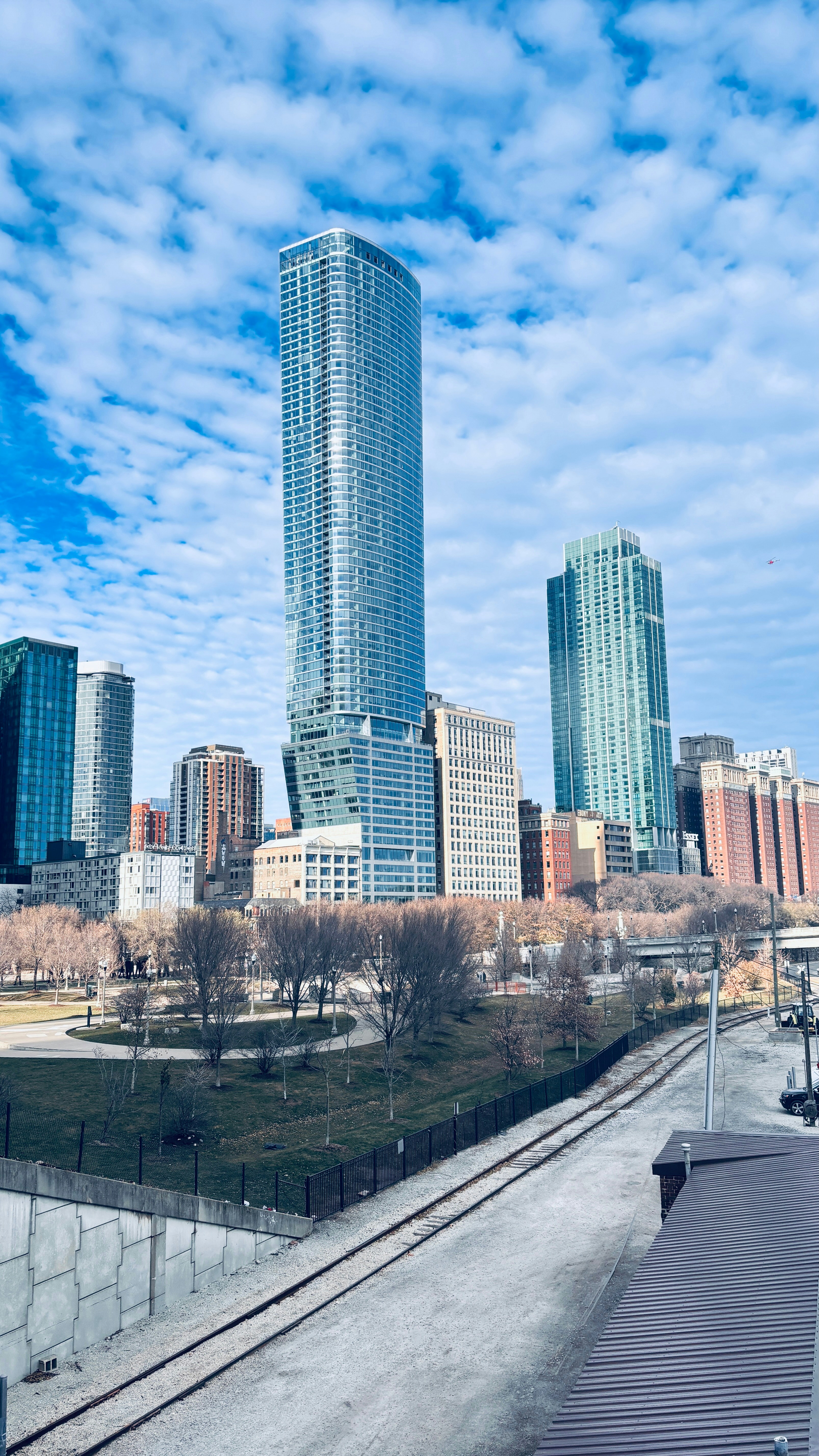 A view of a city with tall buildings