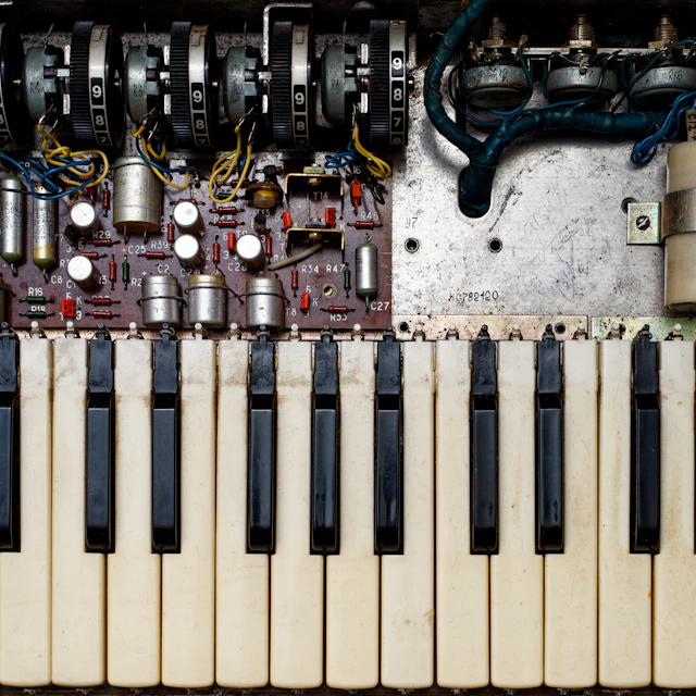 Close-up of a synthesizer keyboard with rows of knobs above the keys