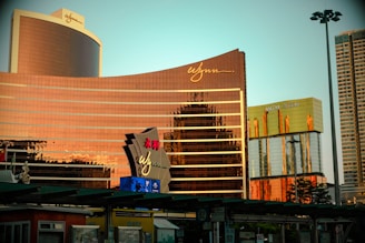 A view of a hotel and casino from across the street