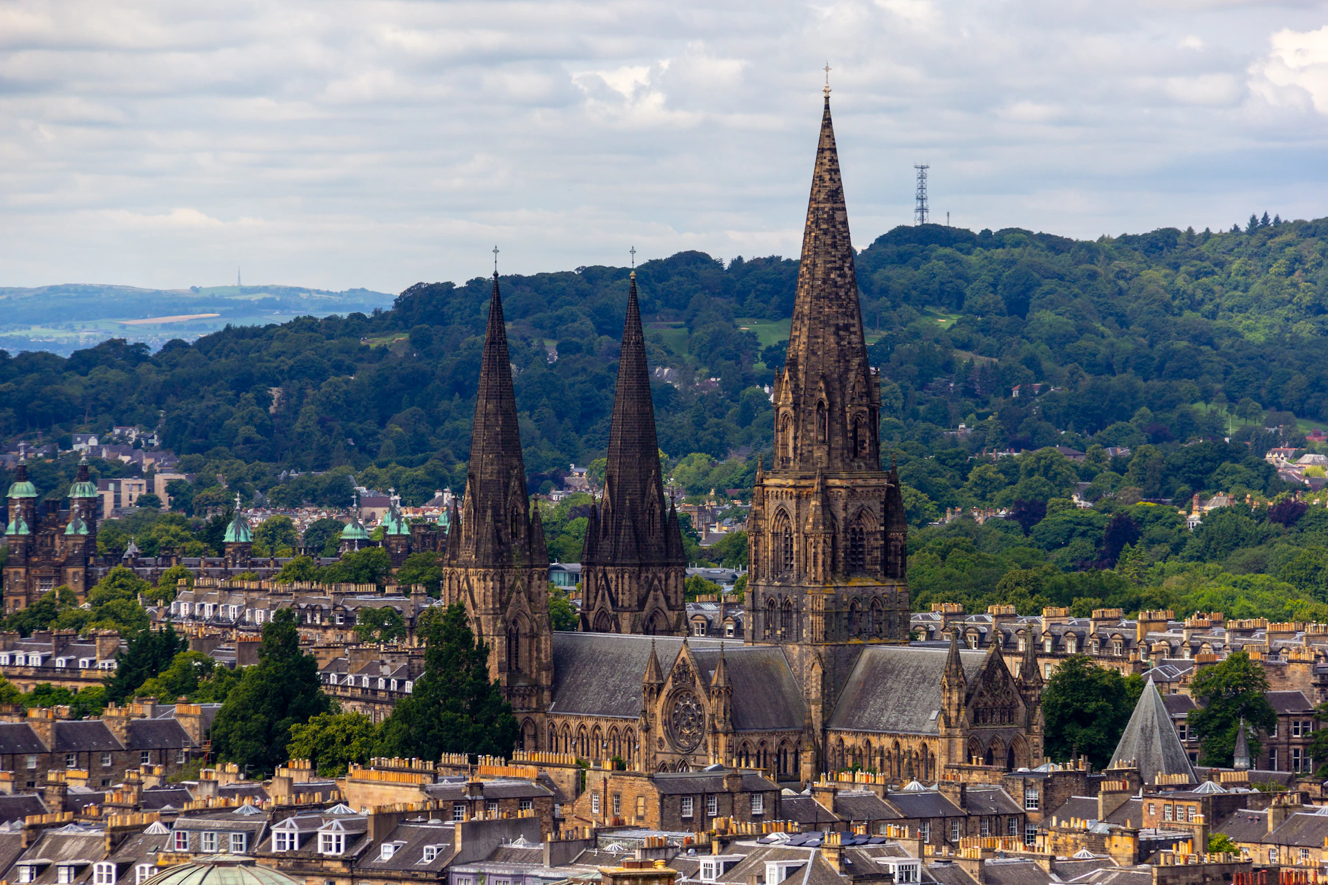 A view of a city with tall buildings