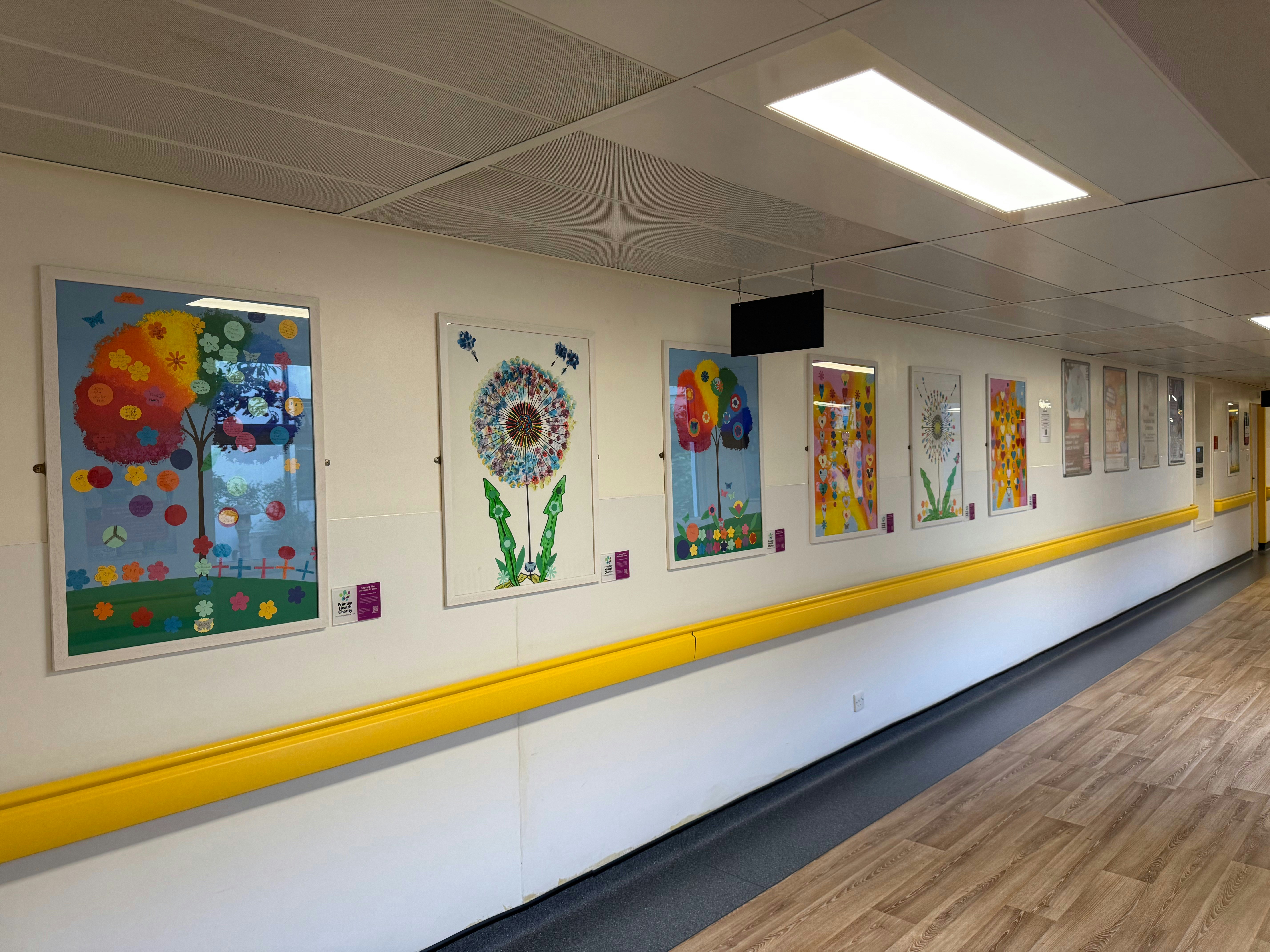 Colorful forest mural in hospital corridor, soft greens and yellows, whimsical tree forms, warm diffused light