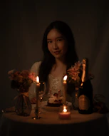 A woman sitting at a table with candles in front of her