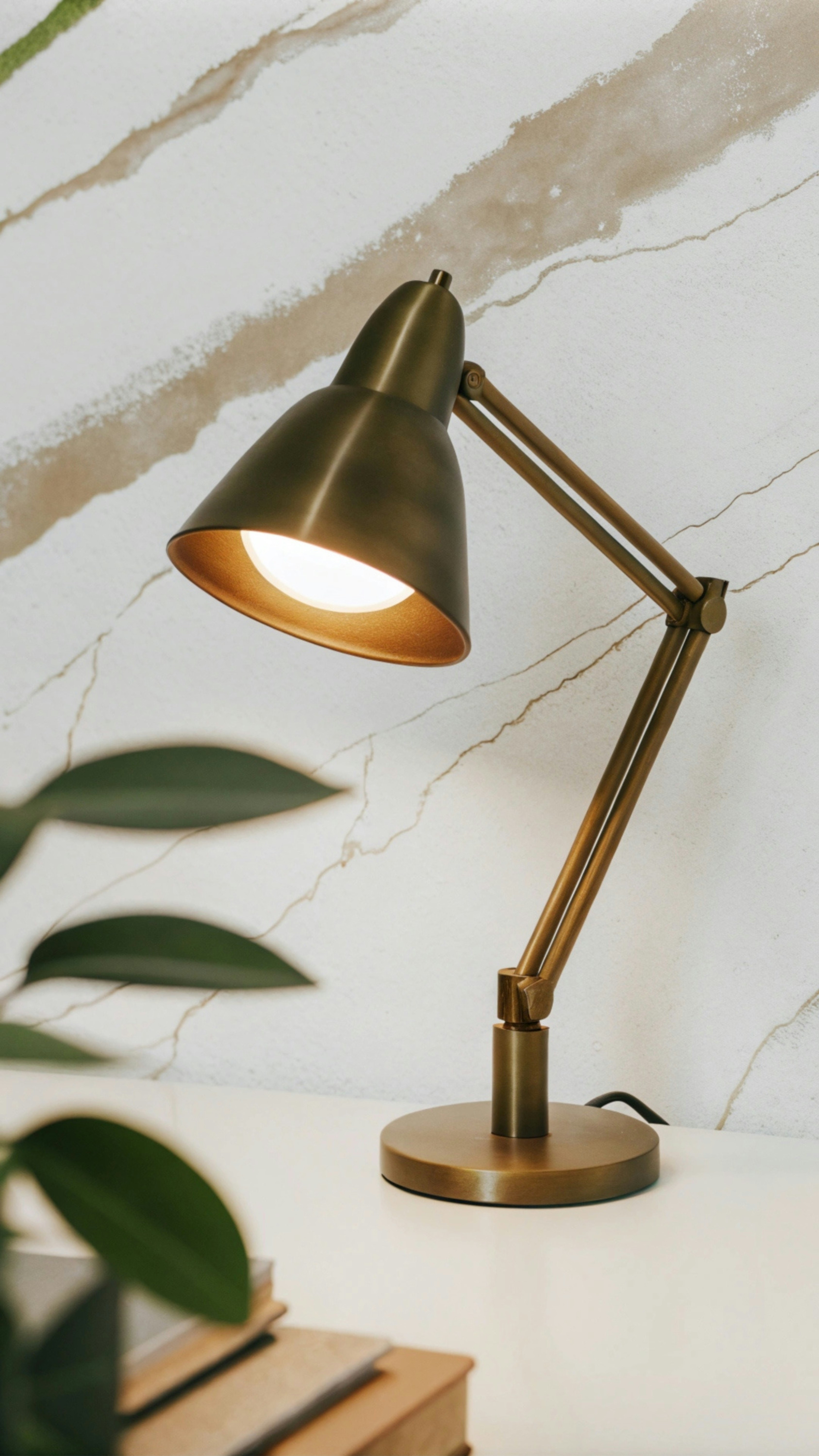 Eine Schreibtischlampe, die auf einem weißen Tisch sitzt