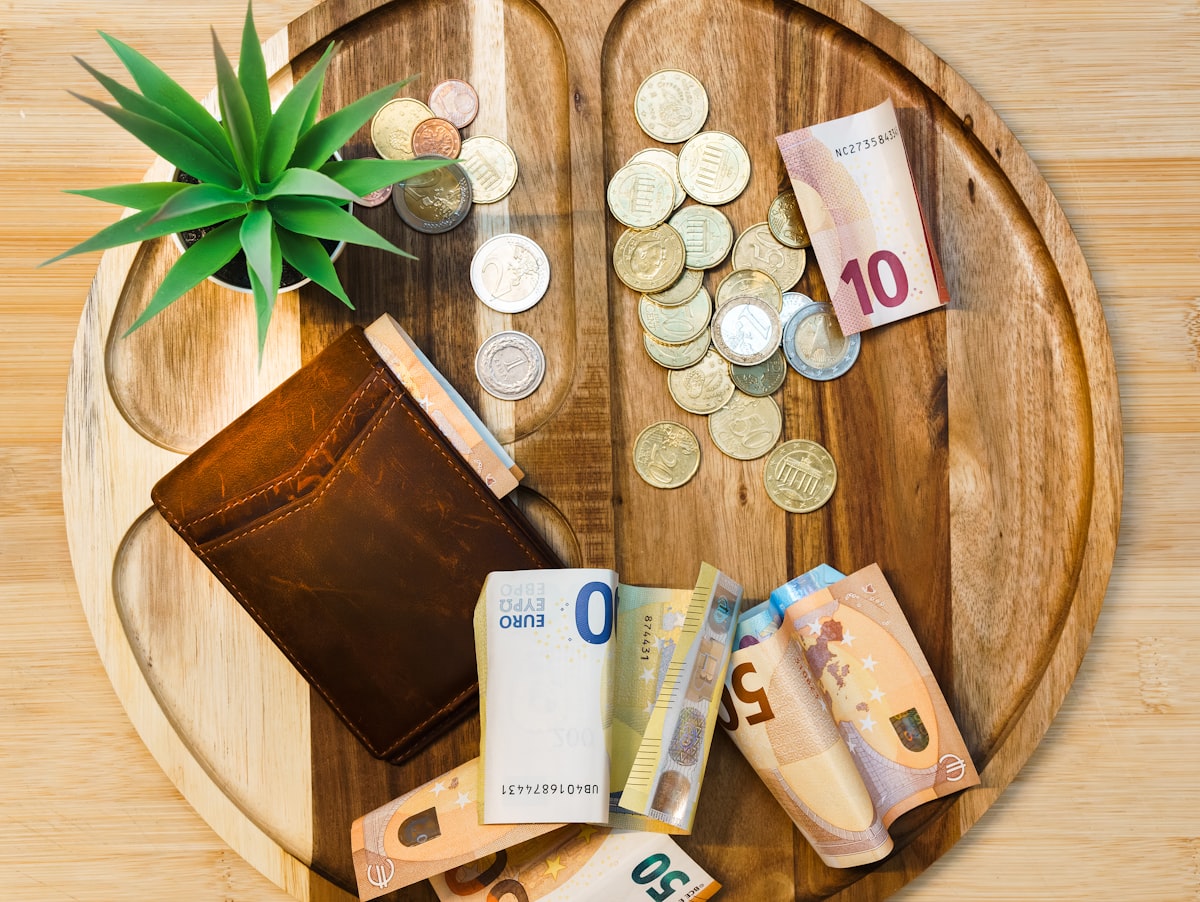 A brown leather wallet, folded euro notes and scattered coins on a round wooden tray beside a small green plant