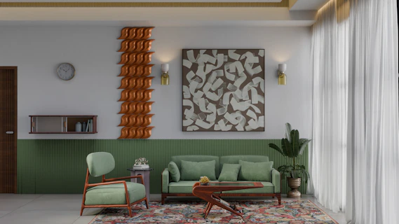 A living room filled with furniture and a painting on the wall