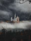 A castle in the middle of a foggy forest