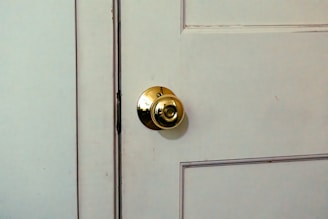A close up of a door handle on a white door