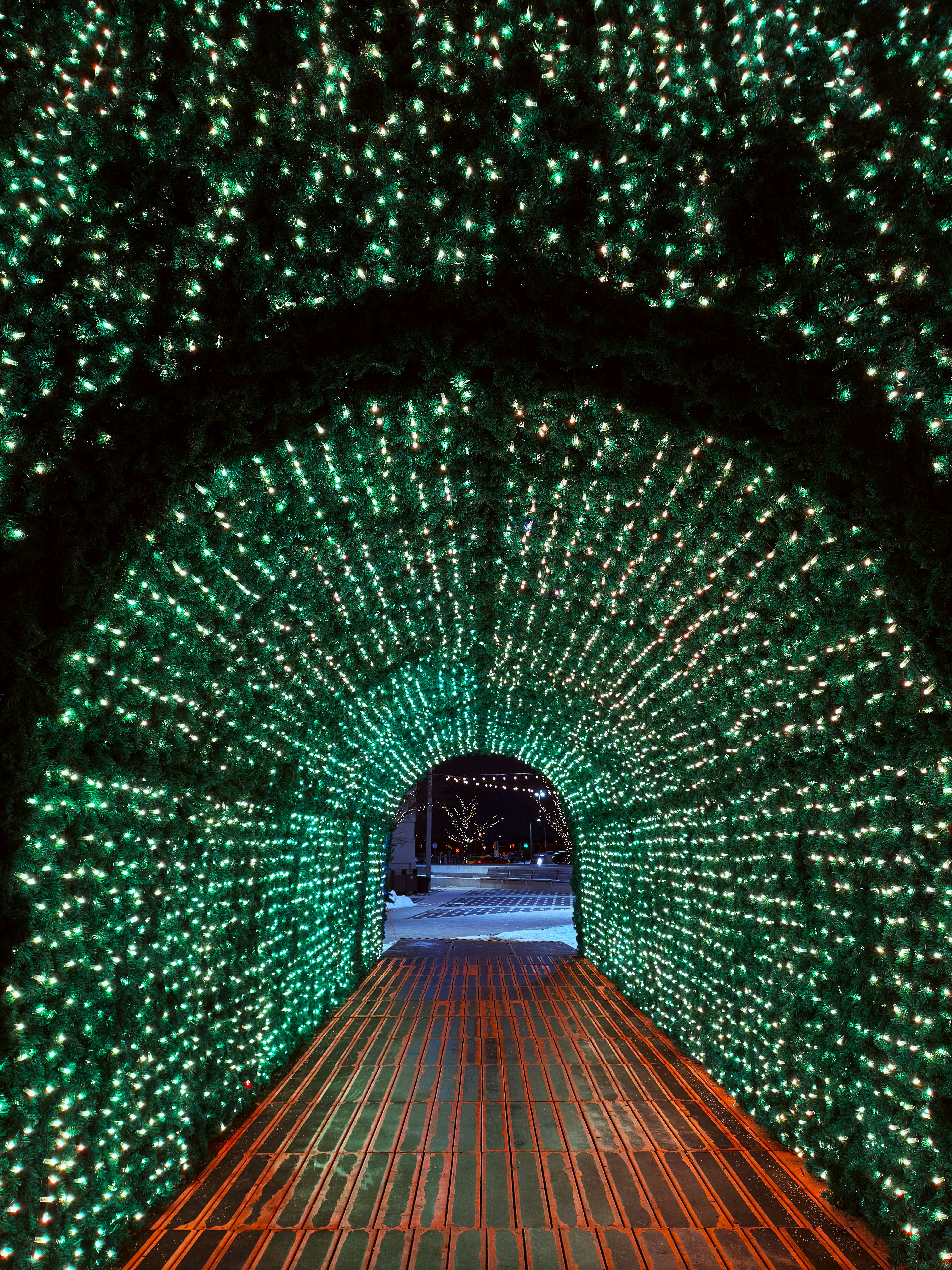 A tunnel of lights in the middle of a walkway