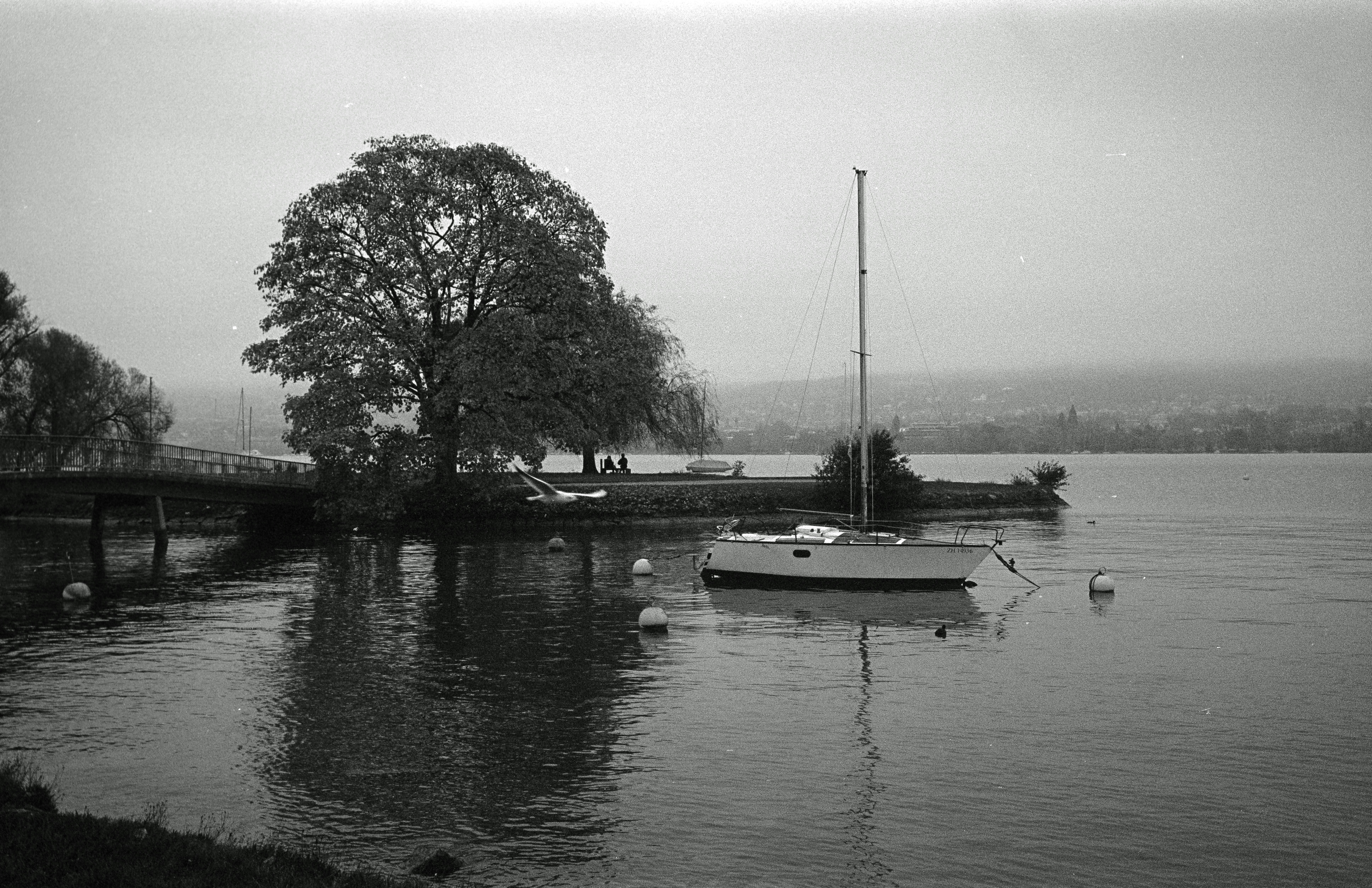 Ein Schwarz-Weiß-Foto eines Bootes im Wasser