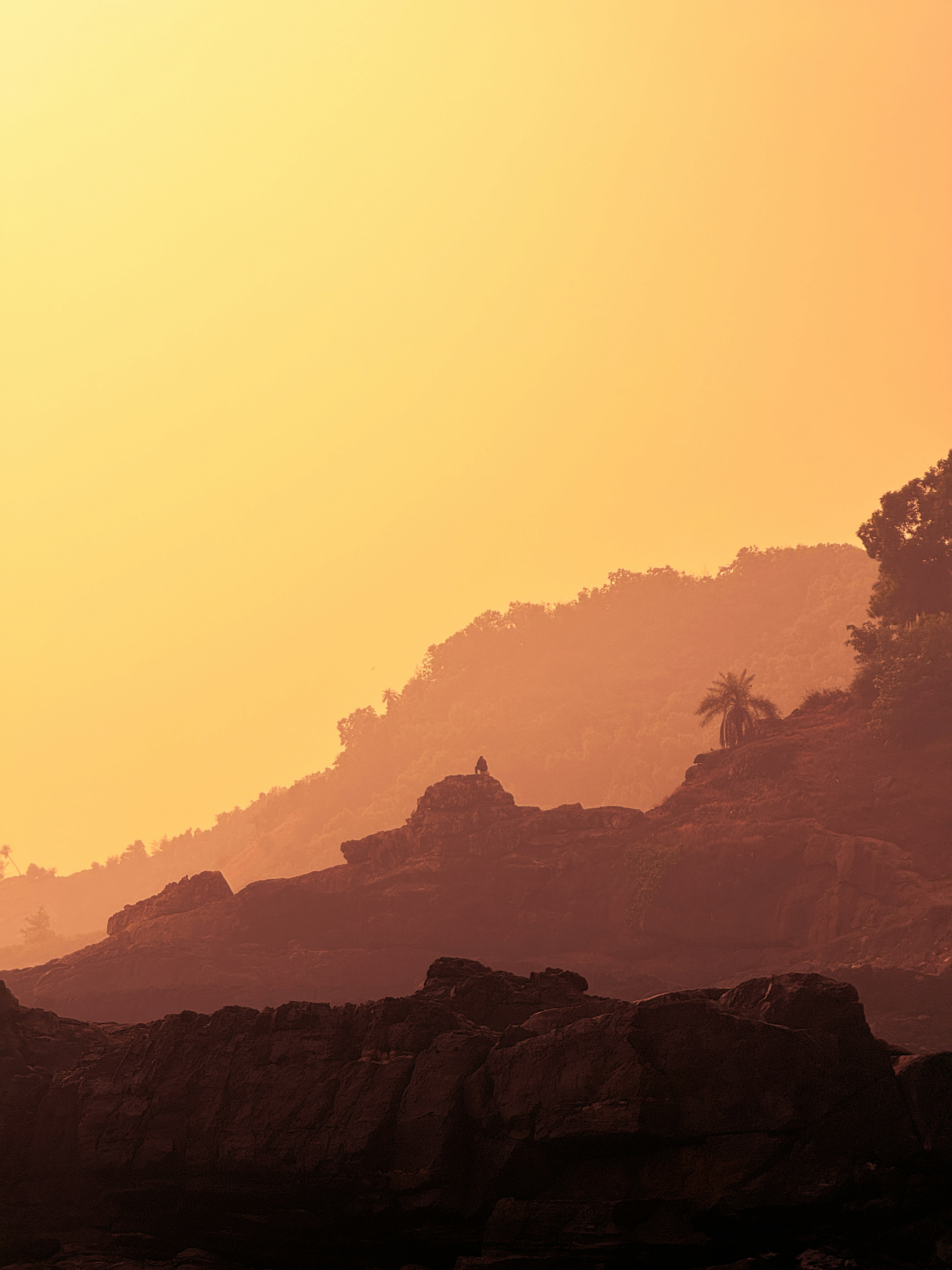 A person riding a surfboard on a rocky beach