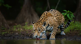 A large leopard drinking water from a pond