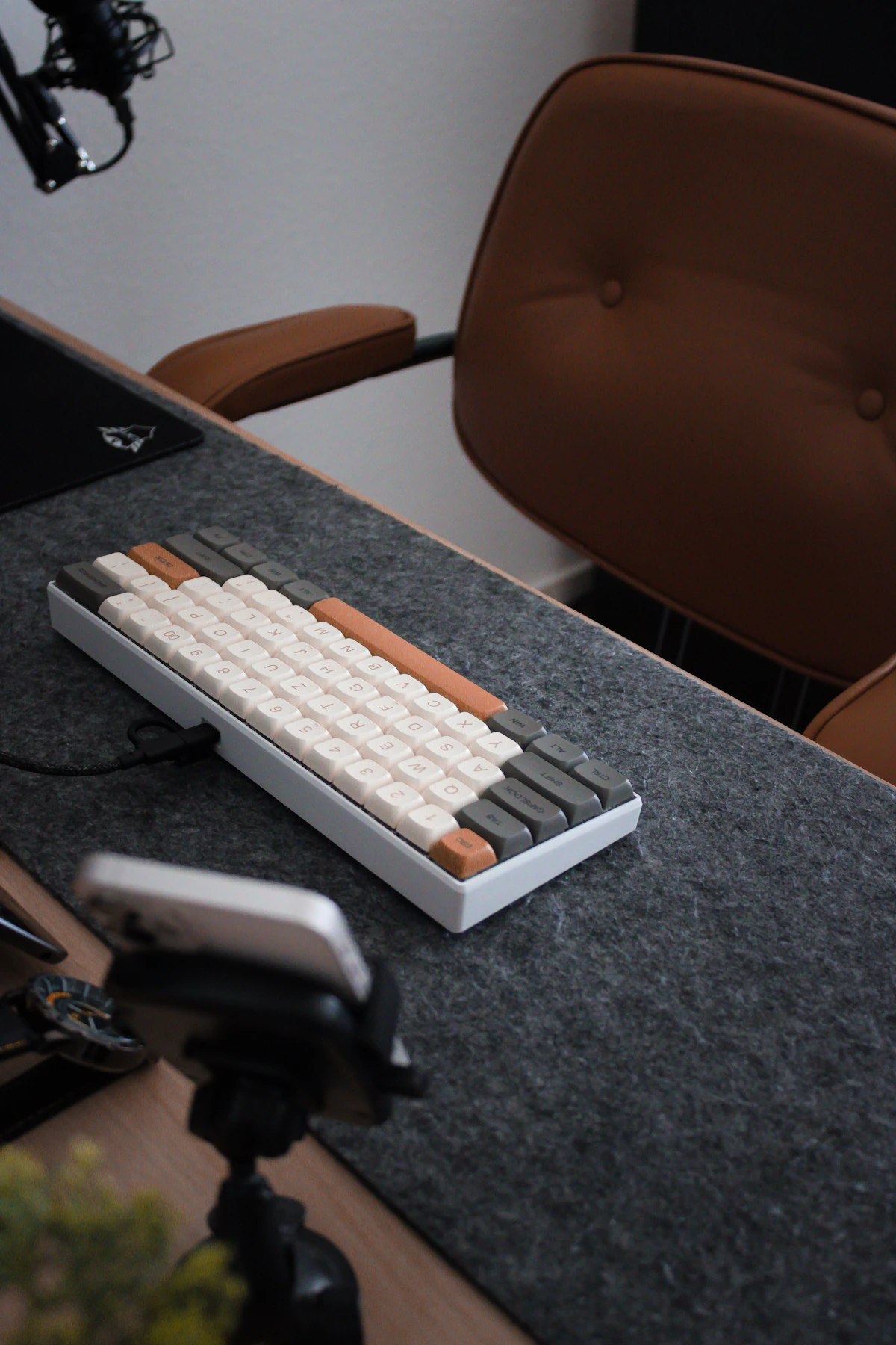 Mechanical keyboard with brown switches and white backlight on desk