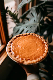 A person holding a pie in front of a window