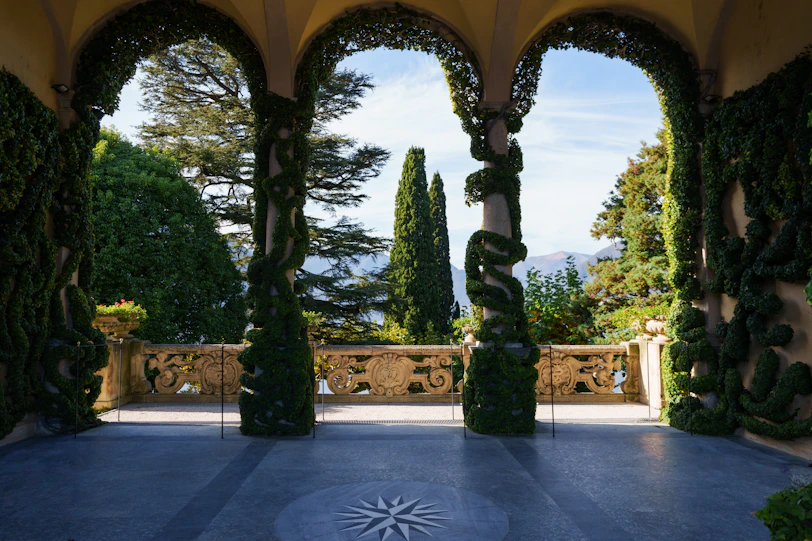 A view of a courtyard through an archway
