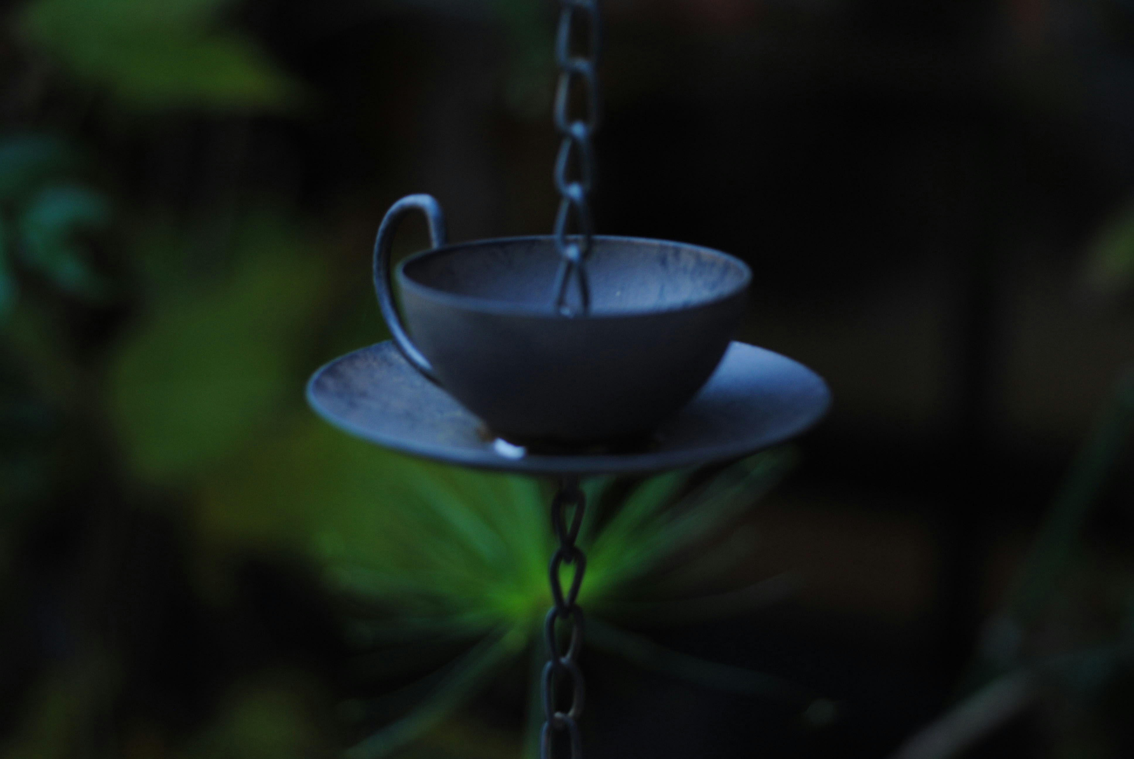 A bird feeder hanging from a chain with a bowl on it