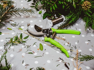 A pair of green scissors sitting on top of a table