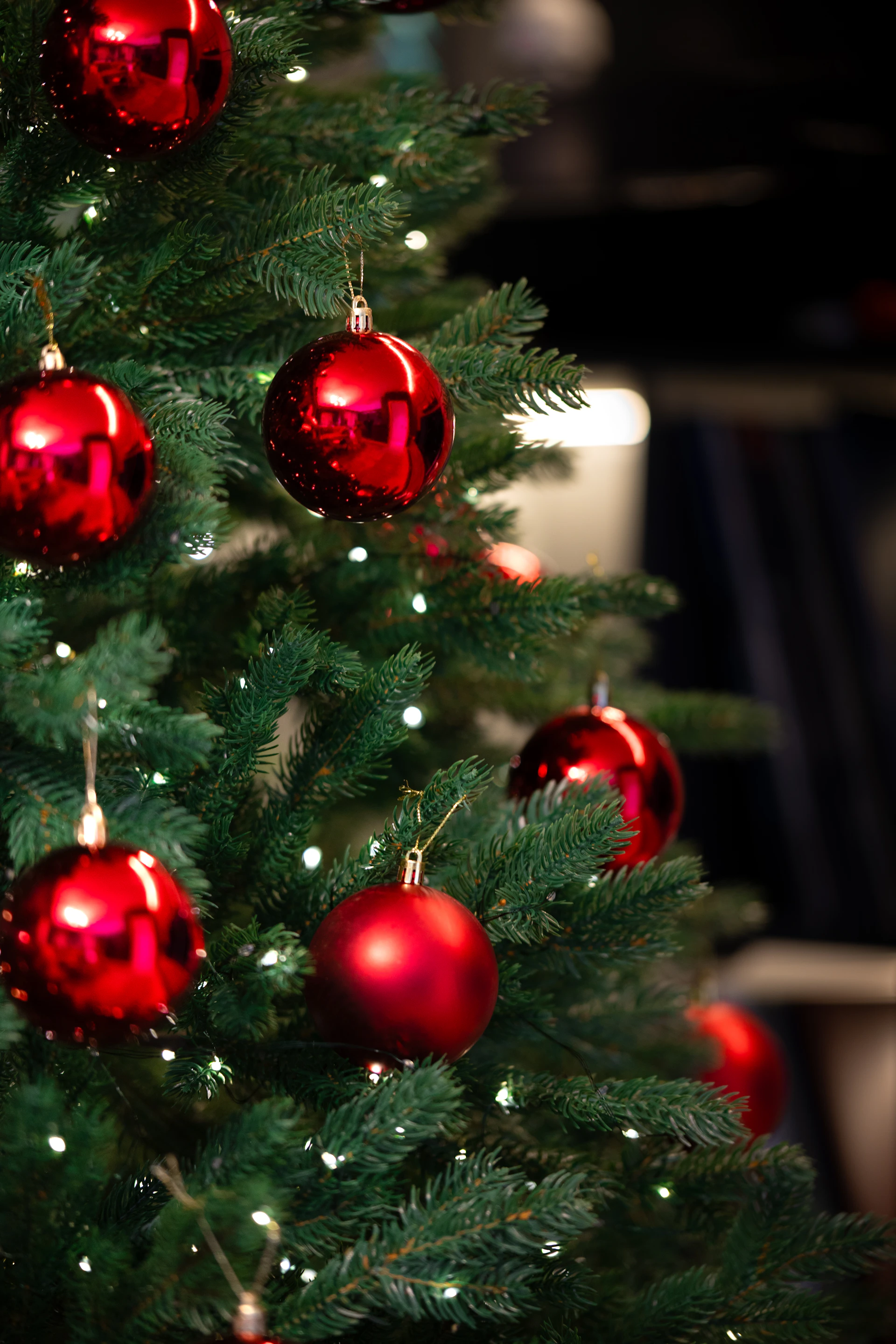 A close up of a christmas tree with red ornaments