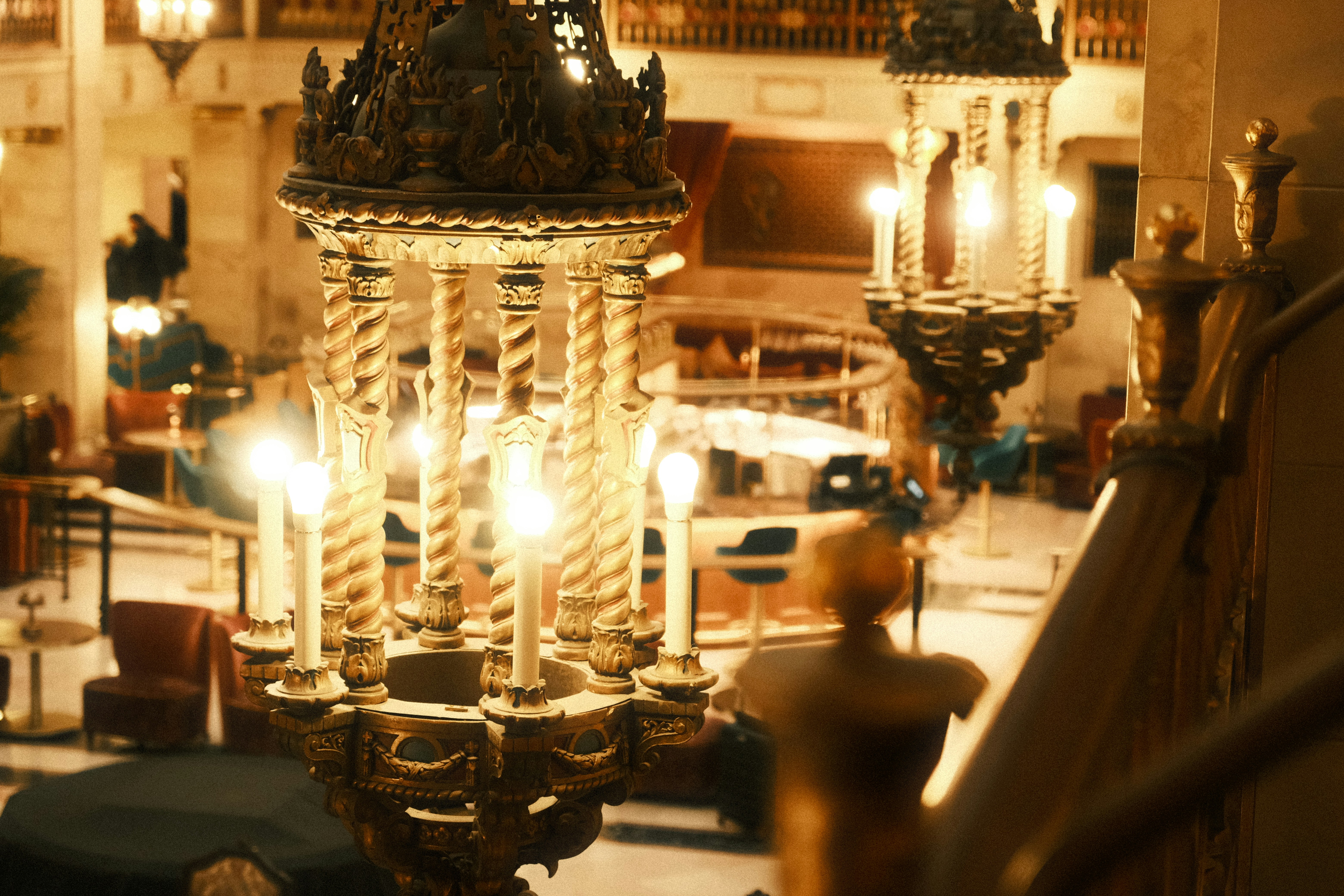 A chandelier hanging from the ceiling of a building