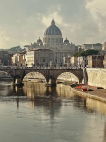 A bridge over a river with buildings in the background