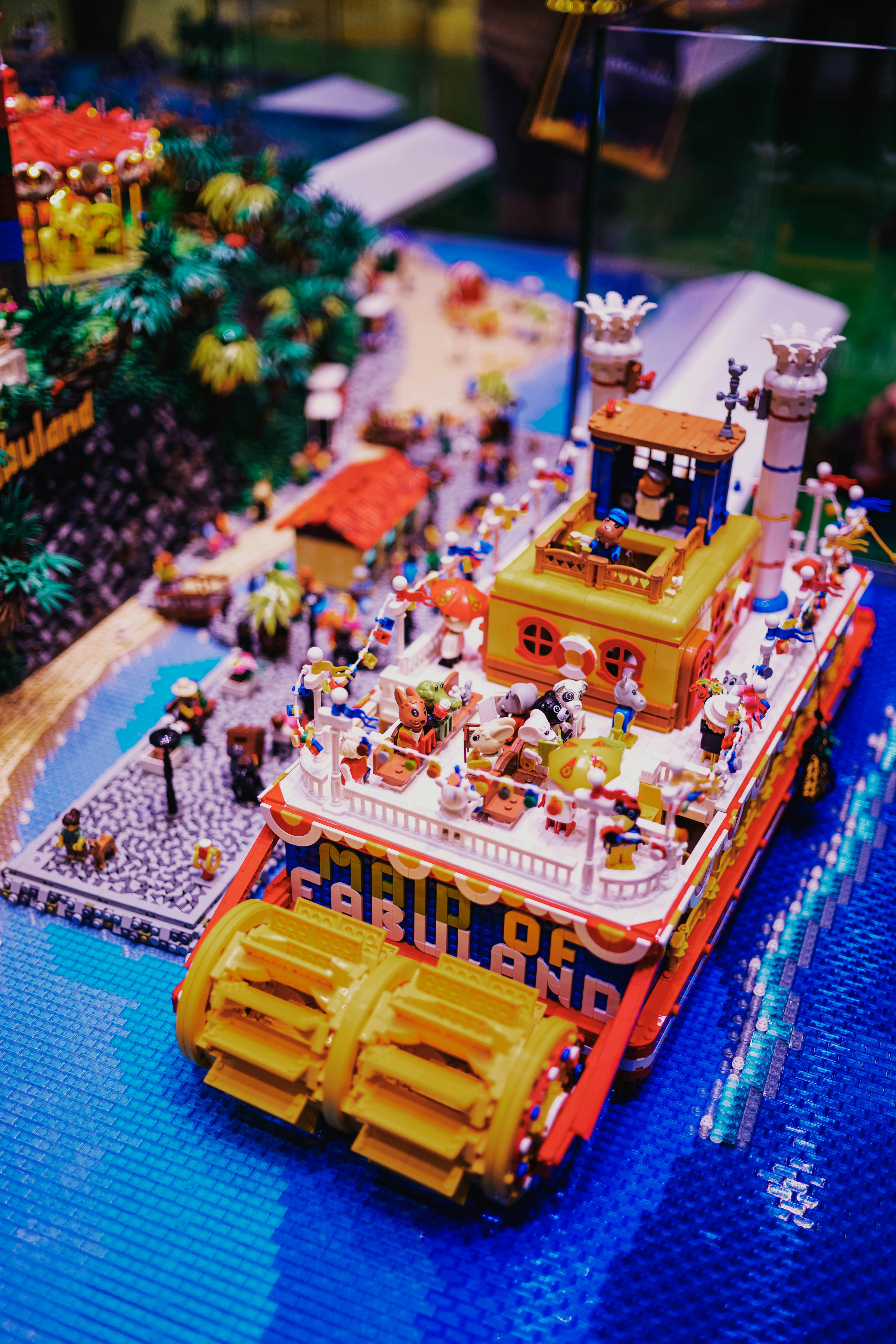 A lego model of a boat on a table