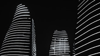 A black and white photo of some tall buildings