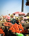 A group of people standing around a table filled with tomatoes