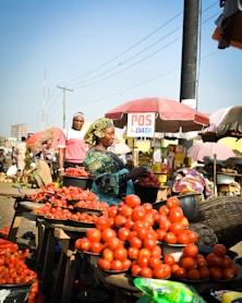 A group of people standing around a table filled with tomatoes