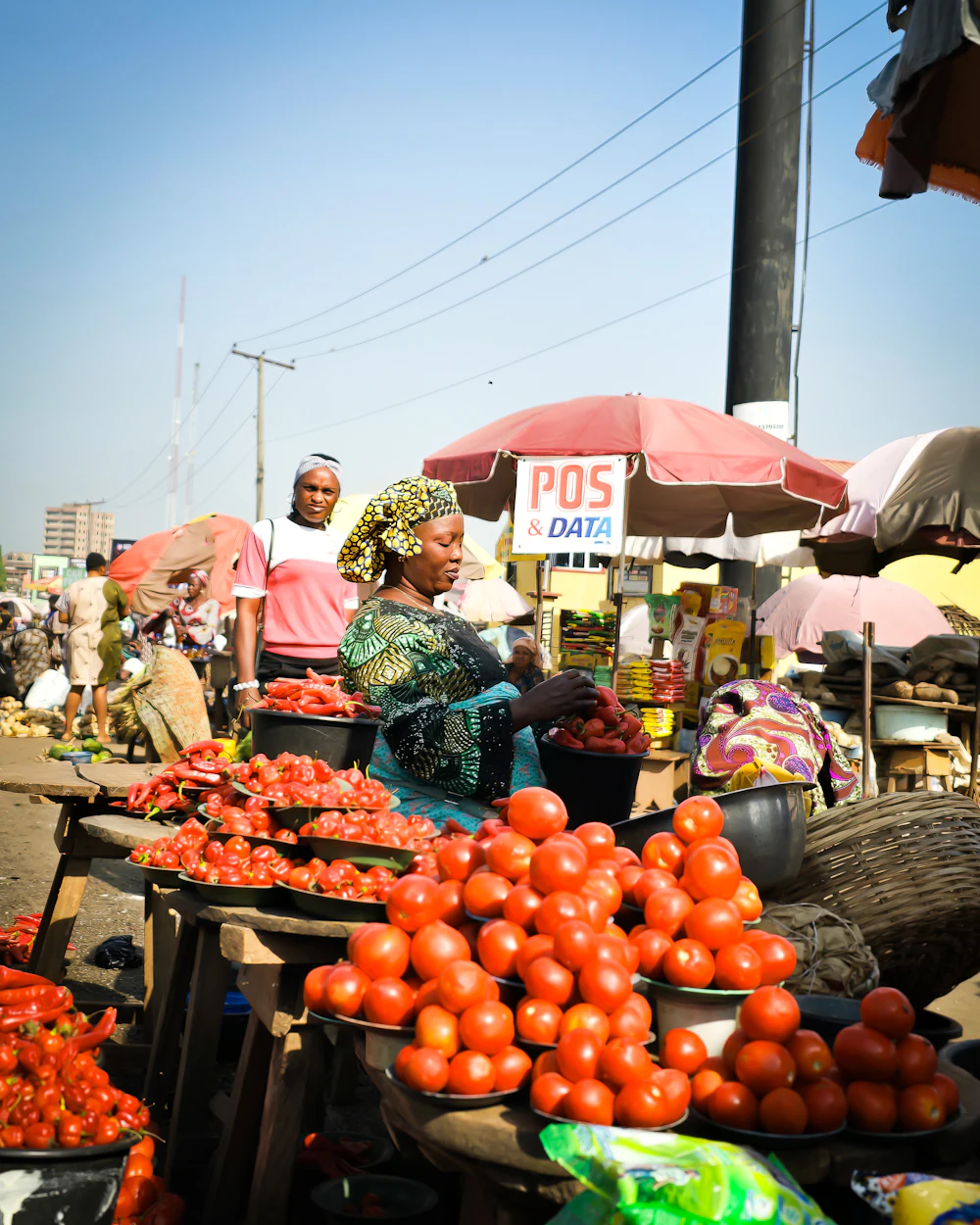 Groupe de personnes autour d'un étal de tomates