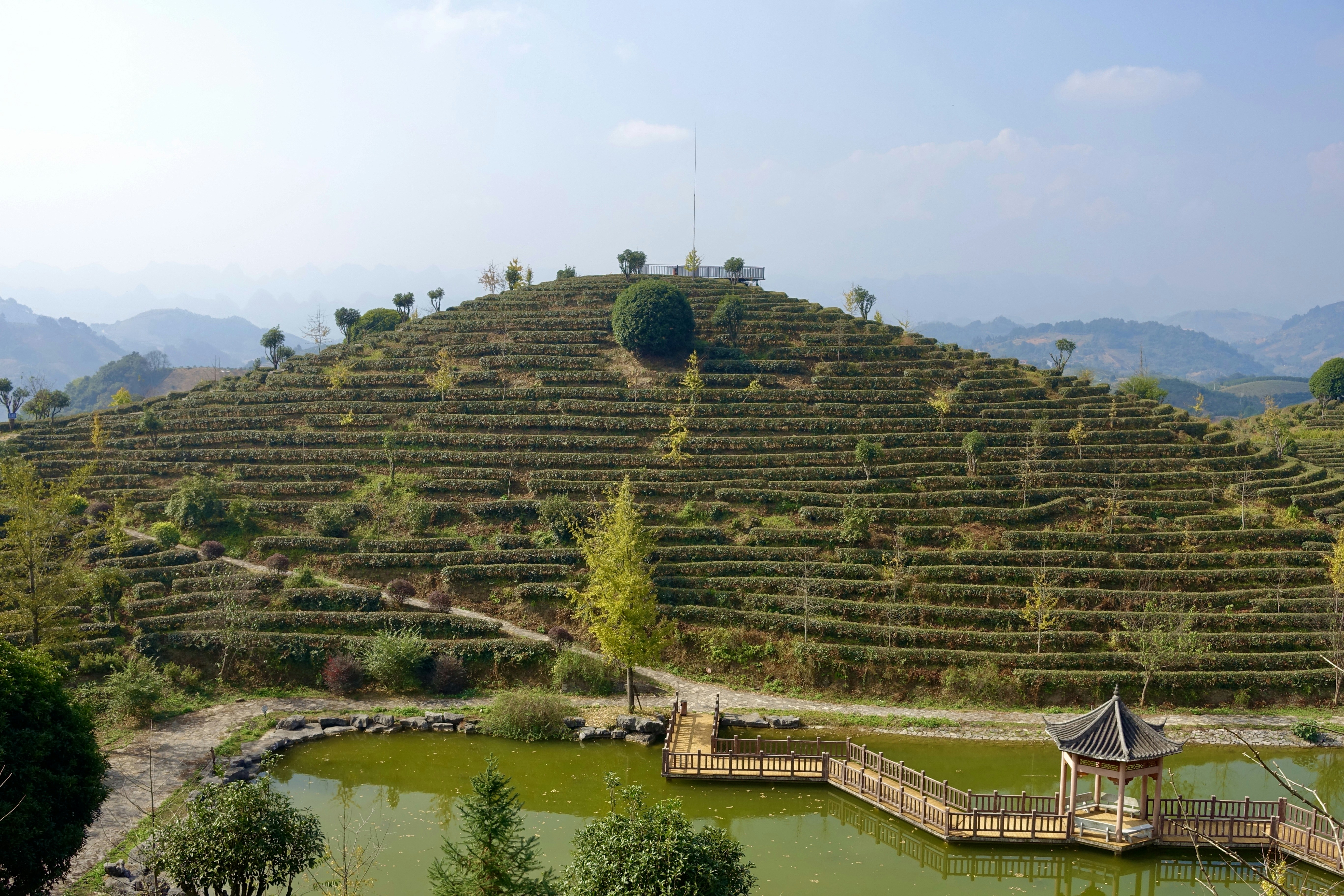 A large hill with a small pond in it