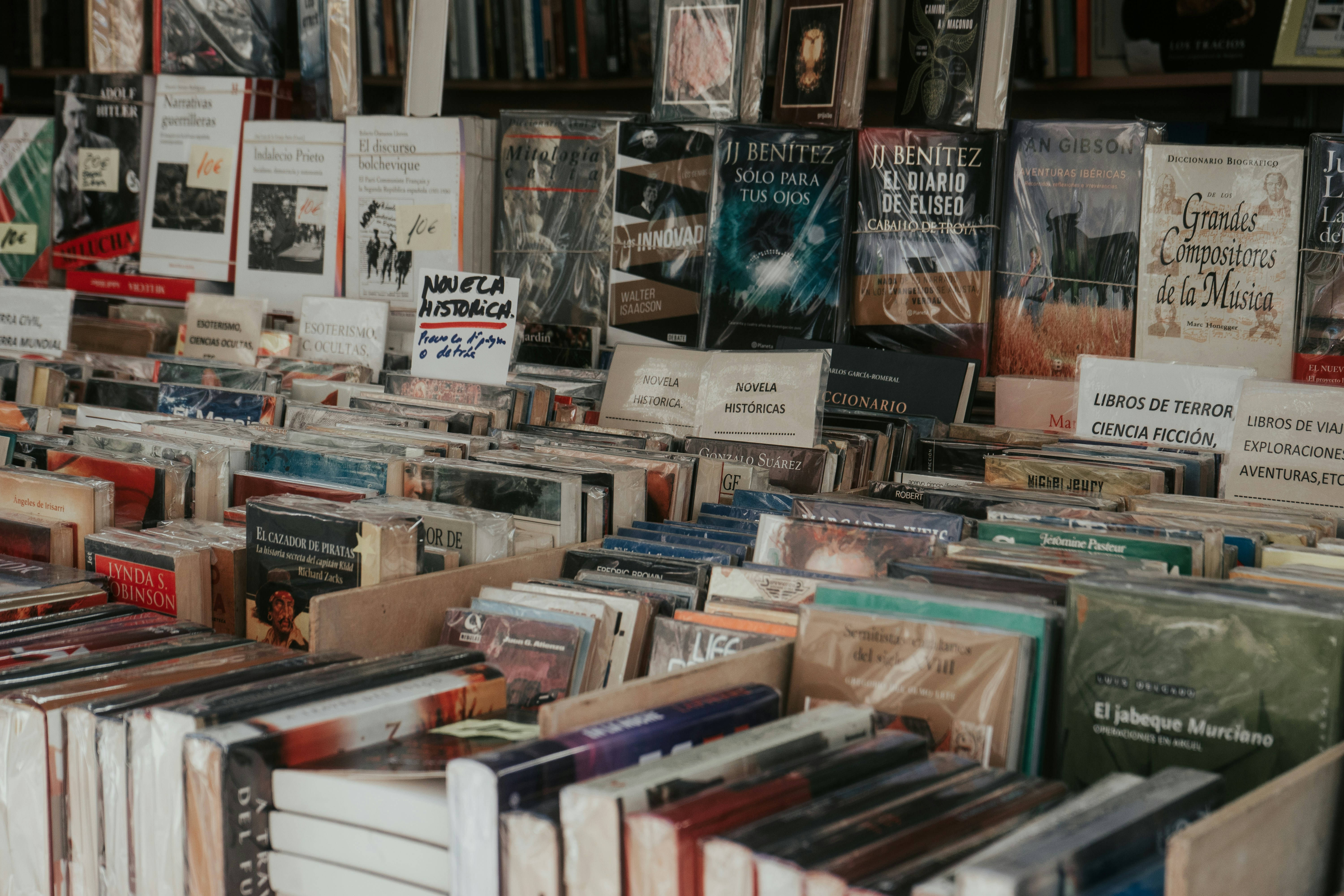 A large number of books are on display