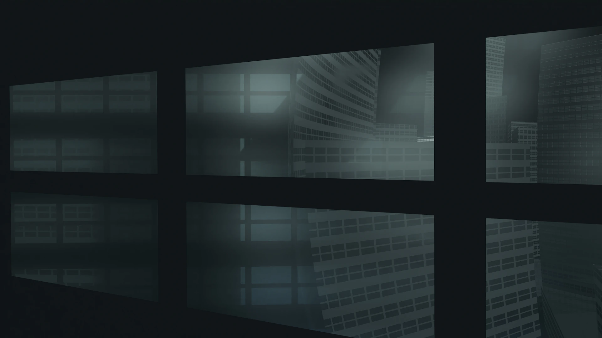 A dark room with multiple windows and a clock on the wall