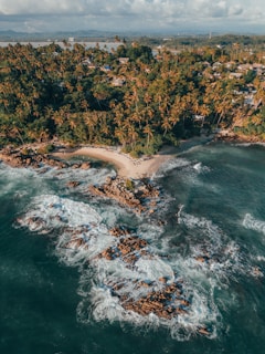 An aerial view of a tropical island in the ocean