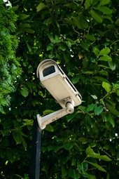 A white security camera sitting on top of a pole