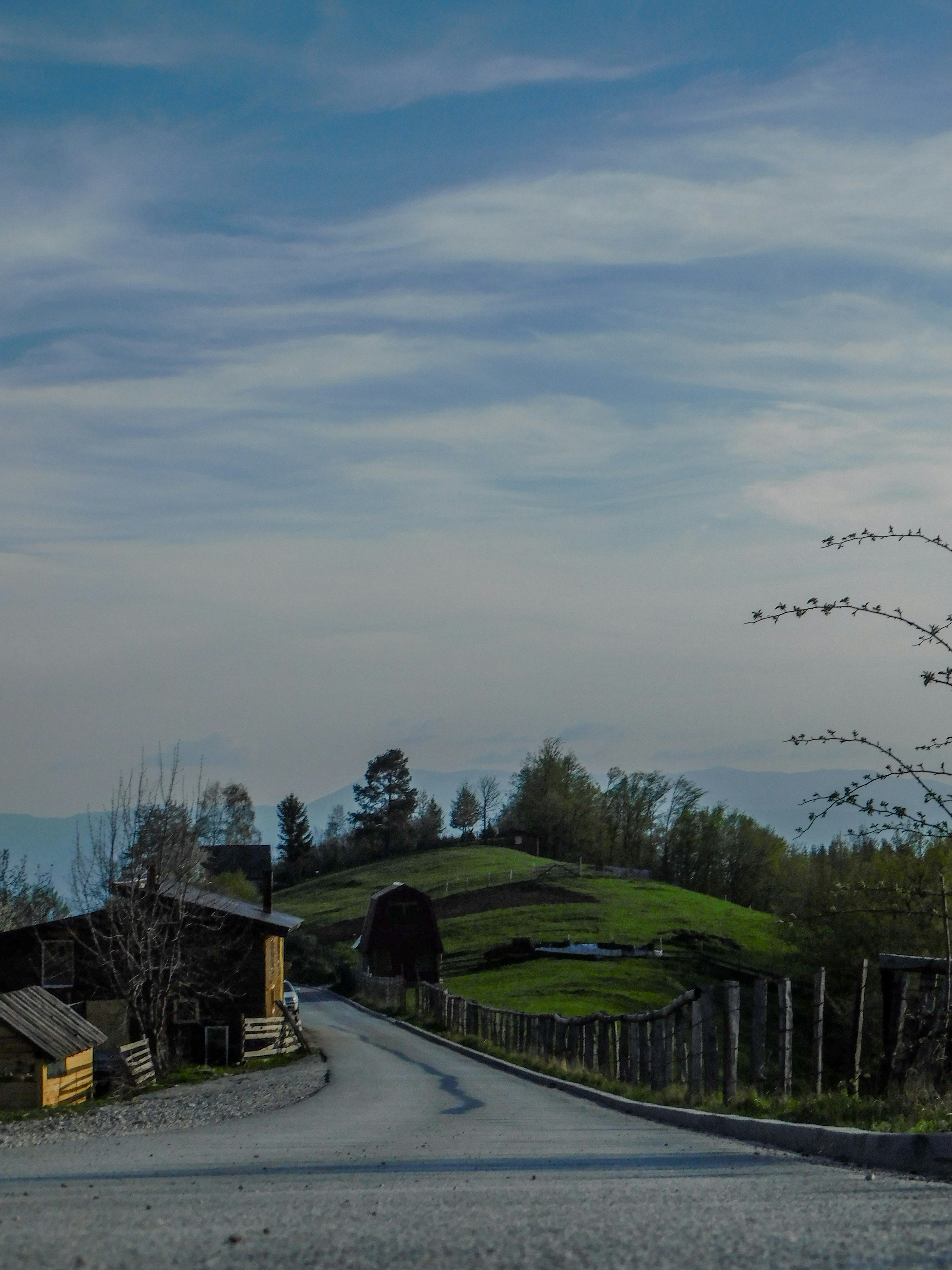 A rural road with houses on the side of it