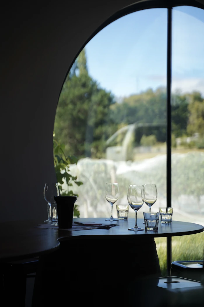 Wine glasses on a table by the window