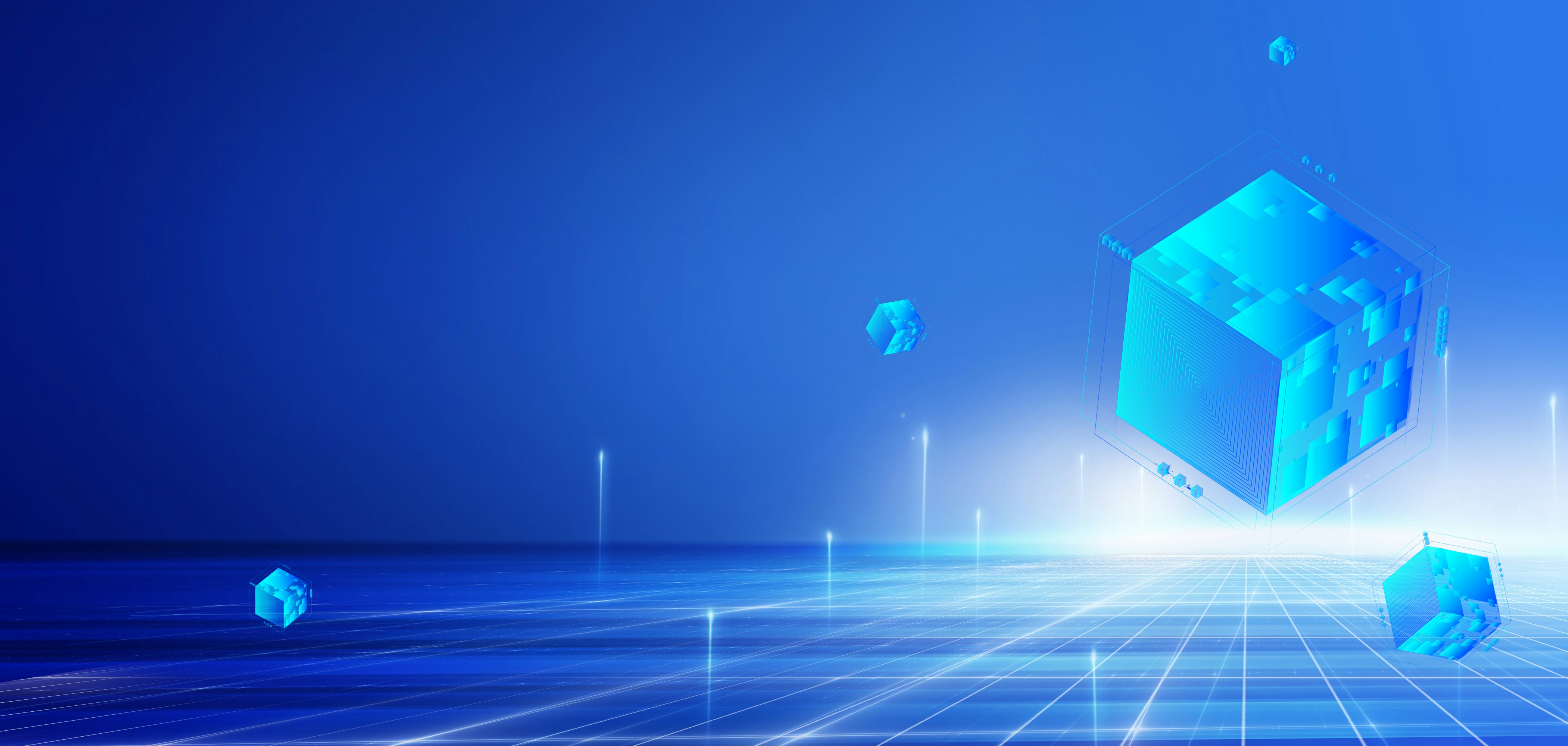 Abstract cloud storage visualization with floating data cubes in blue digital space